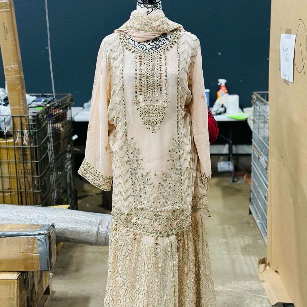 3-Piece Embroidered Crinkle Shirt With Embroidered Dupatta And Sharara Suit, Lig